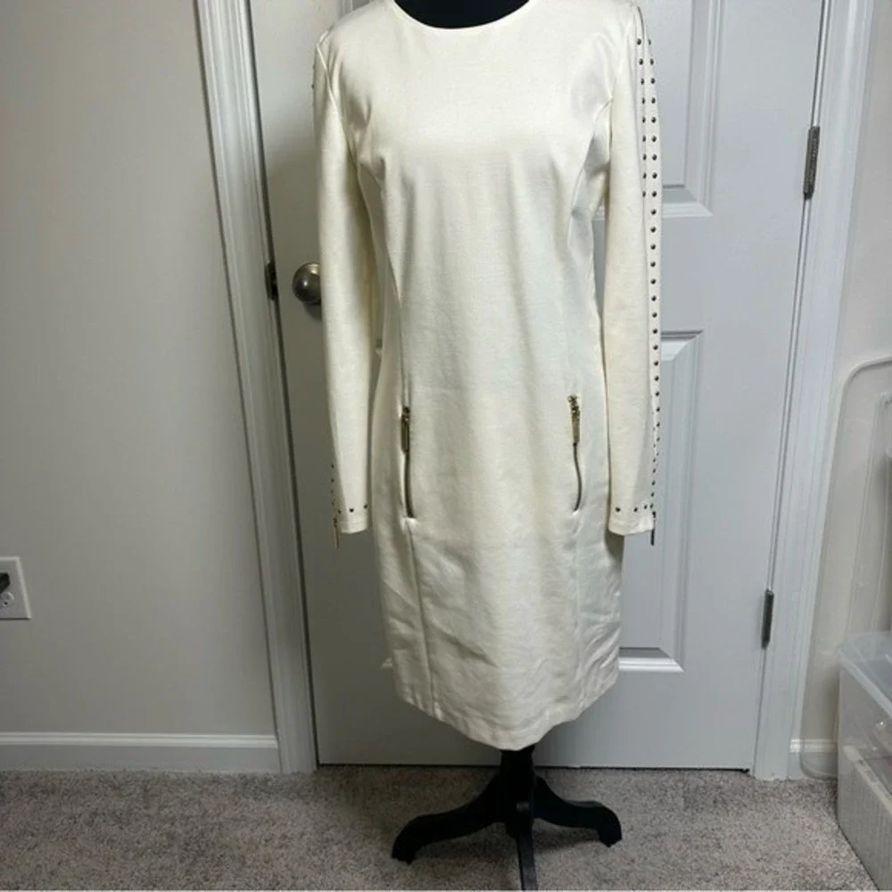 Michael‎ Kors Off White Studded Long Sleeve Zipper Sheath Dress Gold Hardware